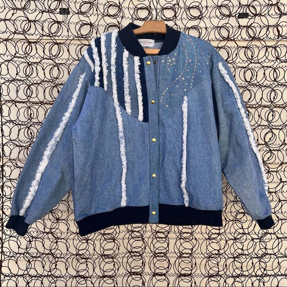 Vintage 90s handmade denim jean bomber jacket with frayed fringe & star detail
